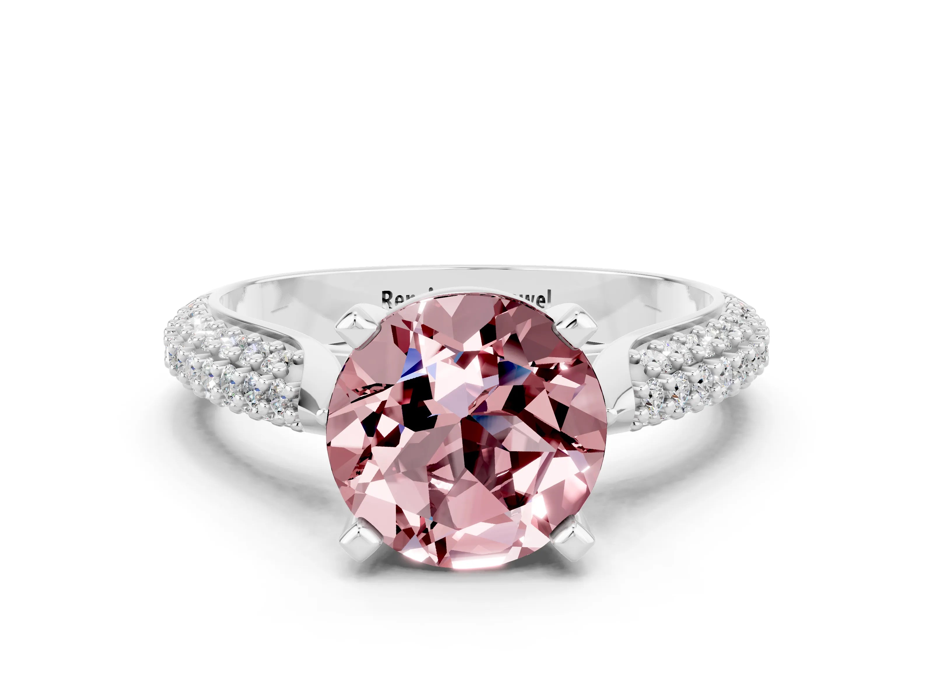 White gold Round Cut Diamond Solitaire Engagement Ring with Pavé Band and Four-Prong Setting