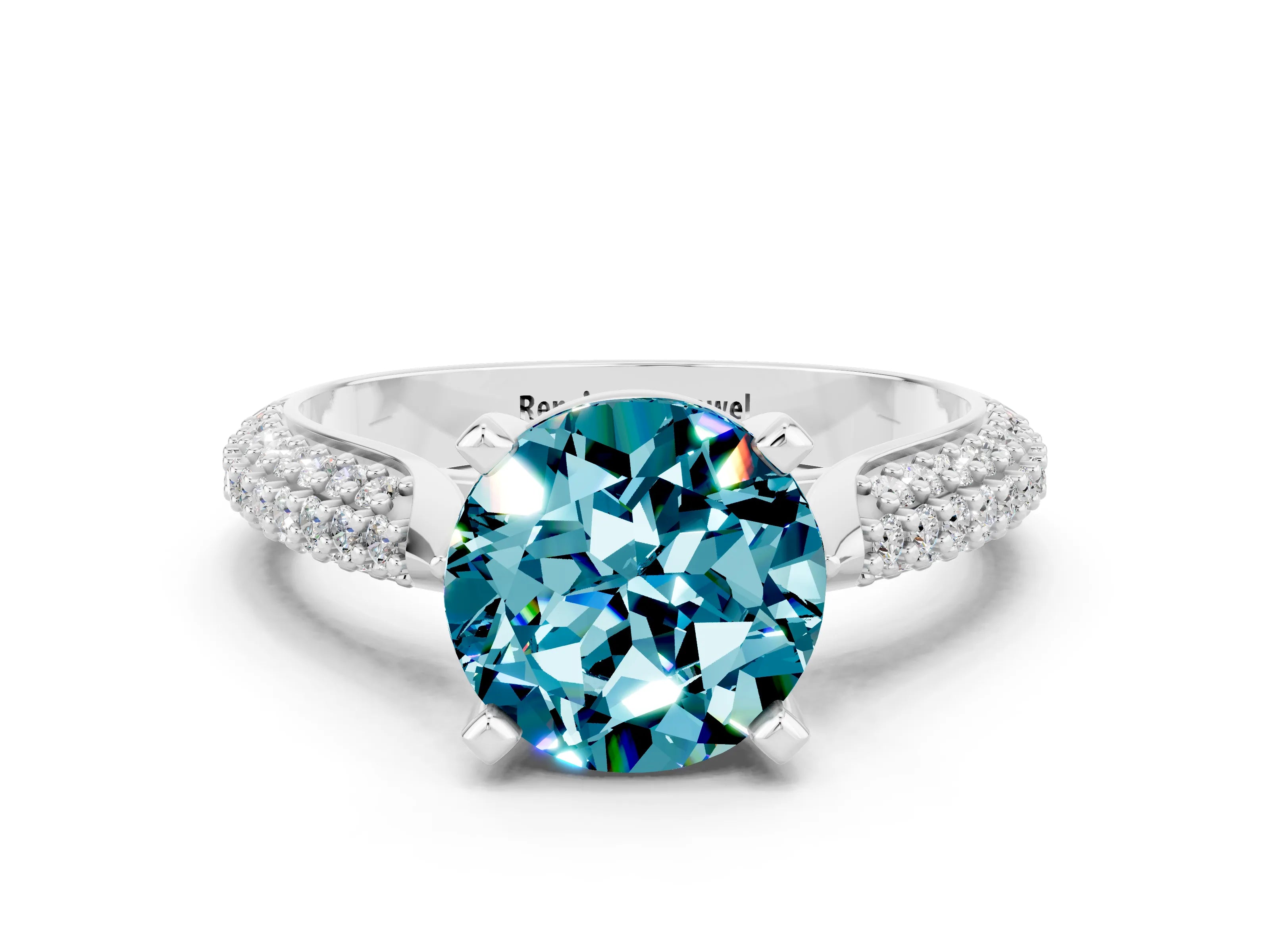 White gold Round Cut Diamond Solitaire Engagement Ring with Pavé Band and Four-Prong Setting