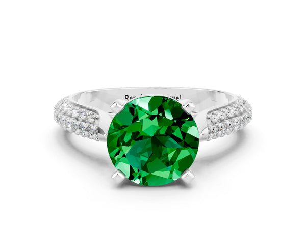 Silver Round Cut Emerald Solitaire Engagement Ring with Multi-Row Round Pavé Band and Prong Setting
