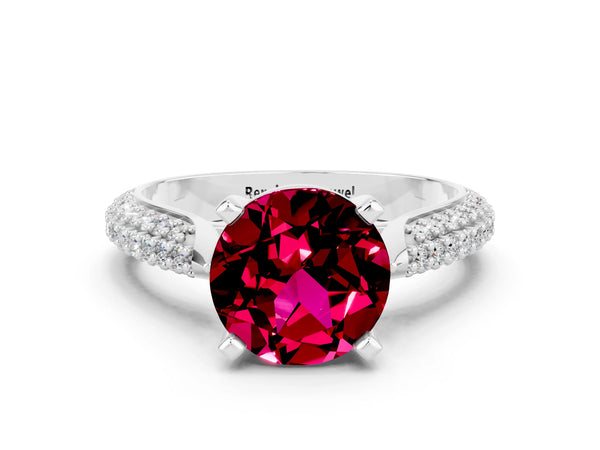 Silver Round Cut Garnet Solitaire Engagement Ring with Multi-Row Round Pavé Band and Prong Setting