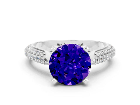 White gold Round Cut Diamond Solitaire Engagement Ring with Pavé Band and Four-Prong Setting