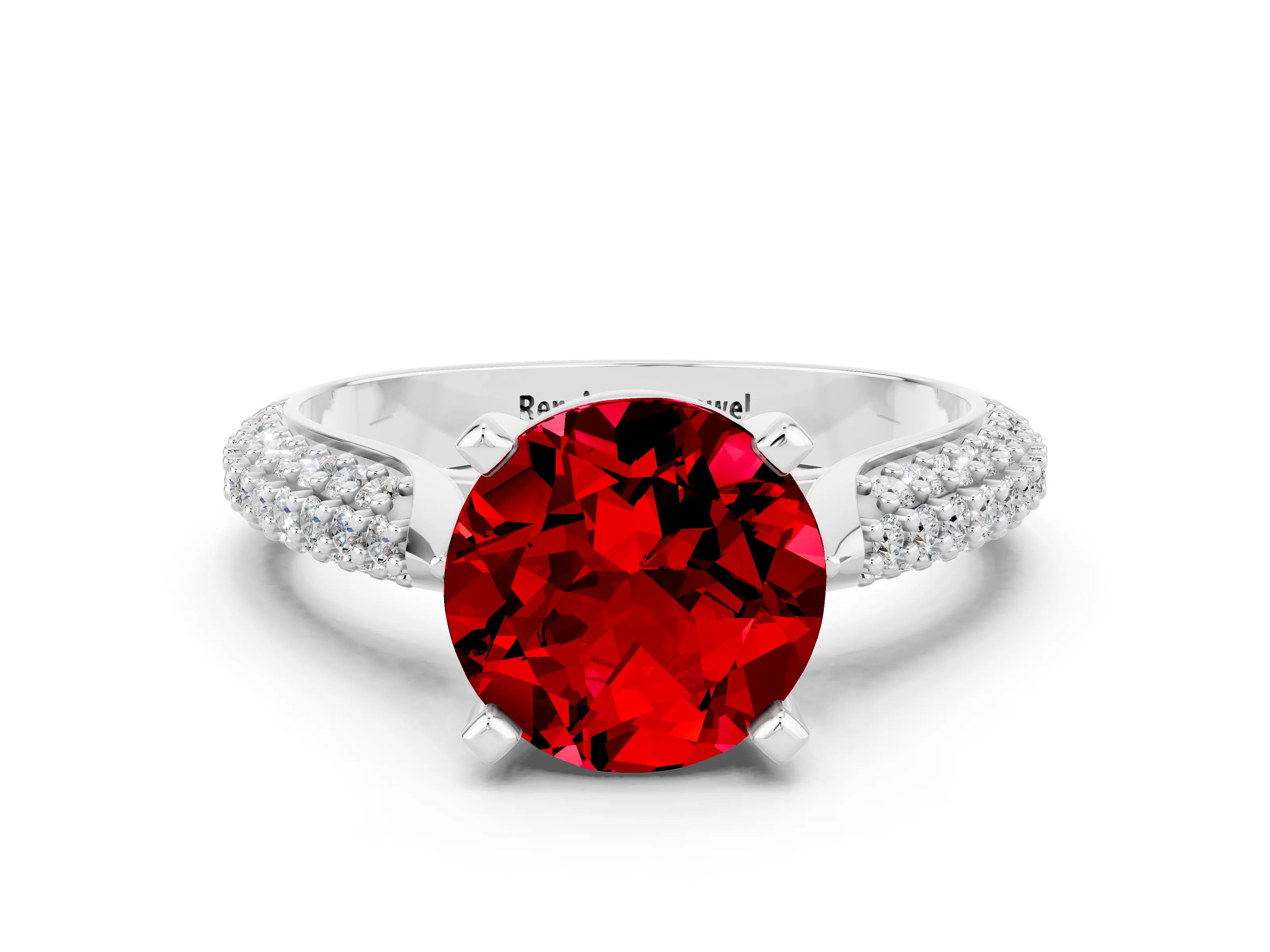White gold Round Cut Diamond Solitaire Engagement Ring with Pavé Band and Four-Prong Setting