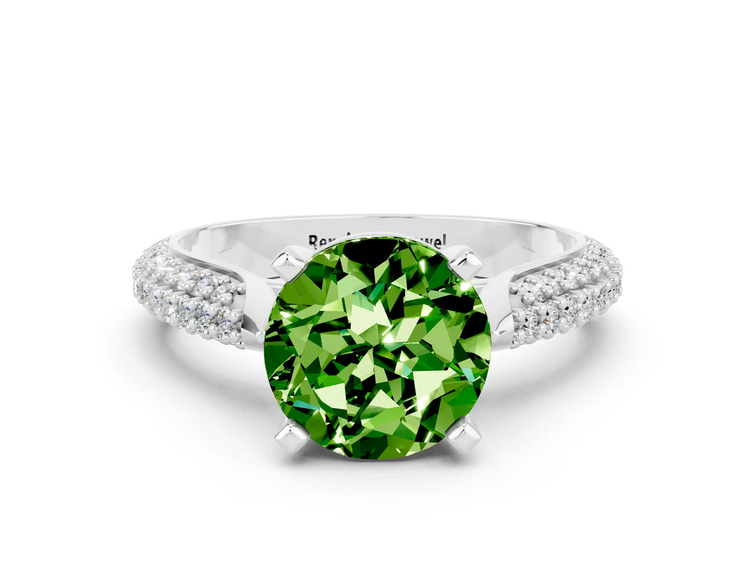 White gold Round Cut Diamond Solitaire Engagement Ring with Pavé Band and Four-Prong Setting