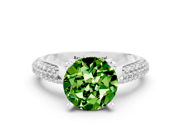 Platinum Round Cut Diamond Solitaire Engagement Ring with Pavé Band and Four-Prong Setting