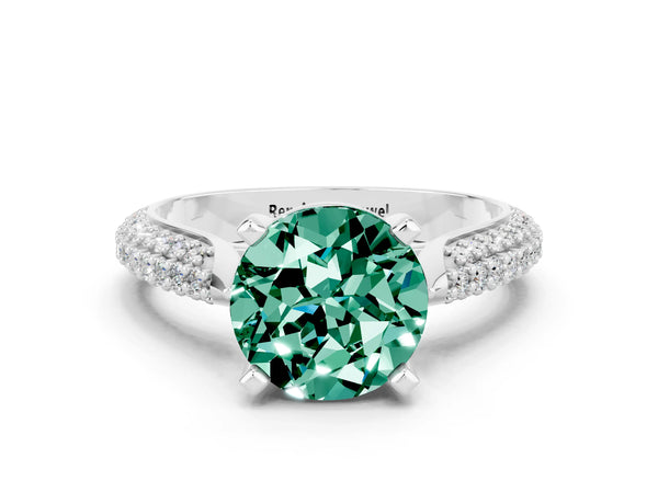 Silver Round Cut Green Sapphire Solitaire Engagement Ring with Multi-Row Round Pavé Band and Prong Setting