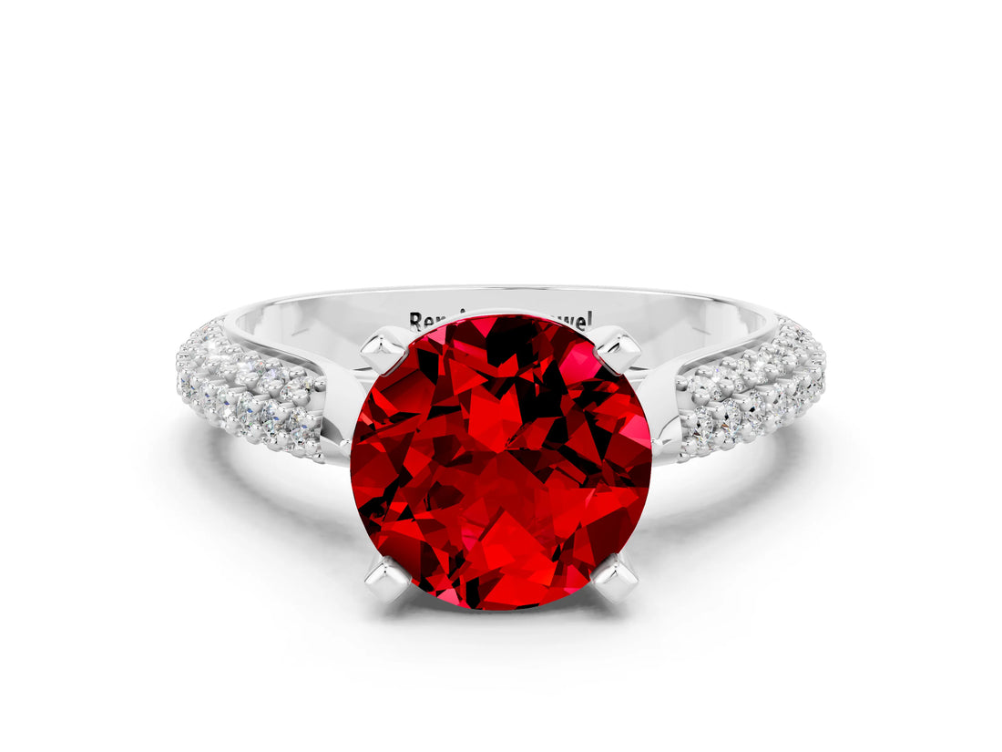 White gold Round Cut Diamond Solitaire Engagement Ring with Pavé Band and Four-Prong Setting