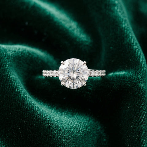 Silver 0.30 Carat D VVS2 Round Diamond Solitaire Engagement Ring with Round  Pavé Band and Prong Setting