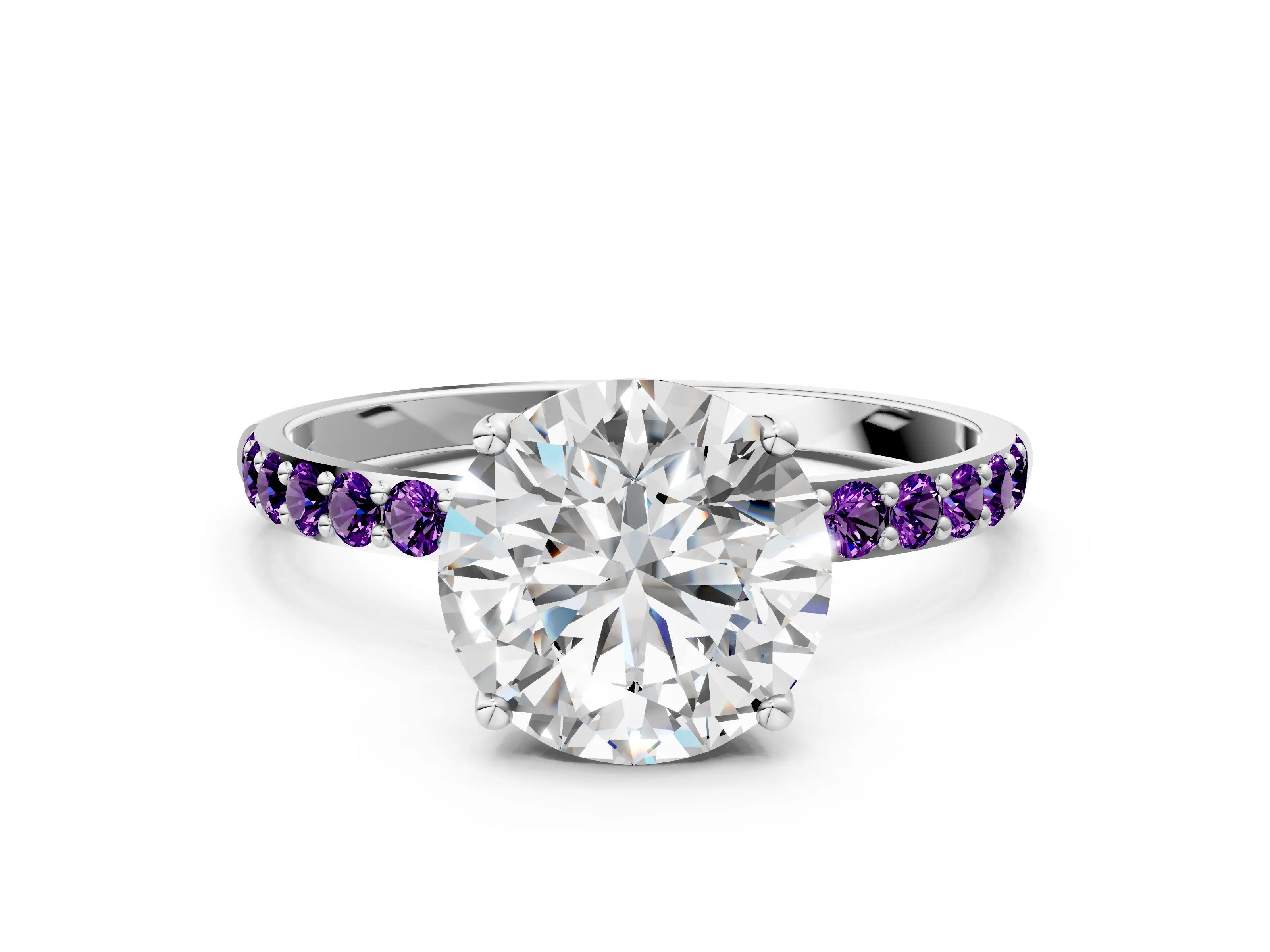 White gold Round Cut Diamond Solitaire Engagement Ring with Round with Amethyst side stone Pavé Band and Prong Setting_108