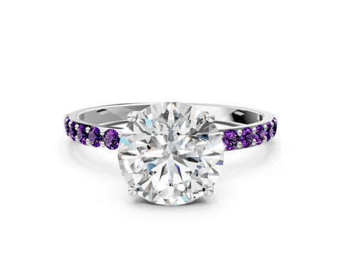White gold Round Cut Diamond Solitaire Engagement Ring with Round with Amethyst side stone Pavé Band and Prong Setting_108