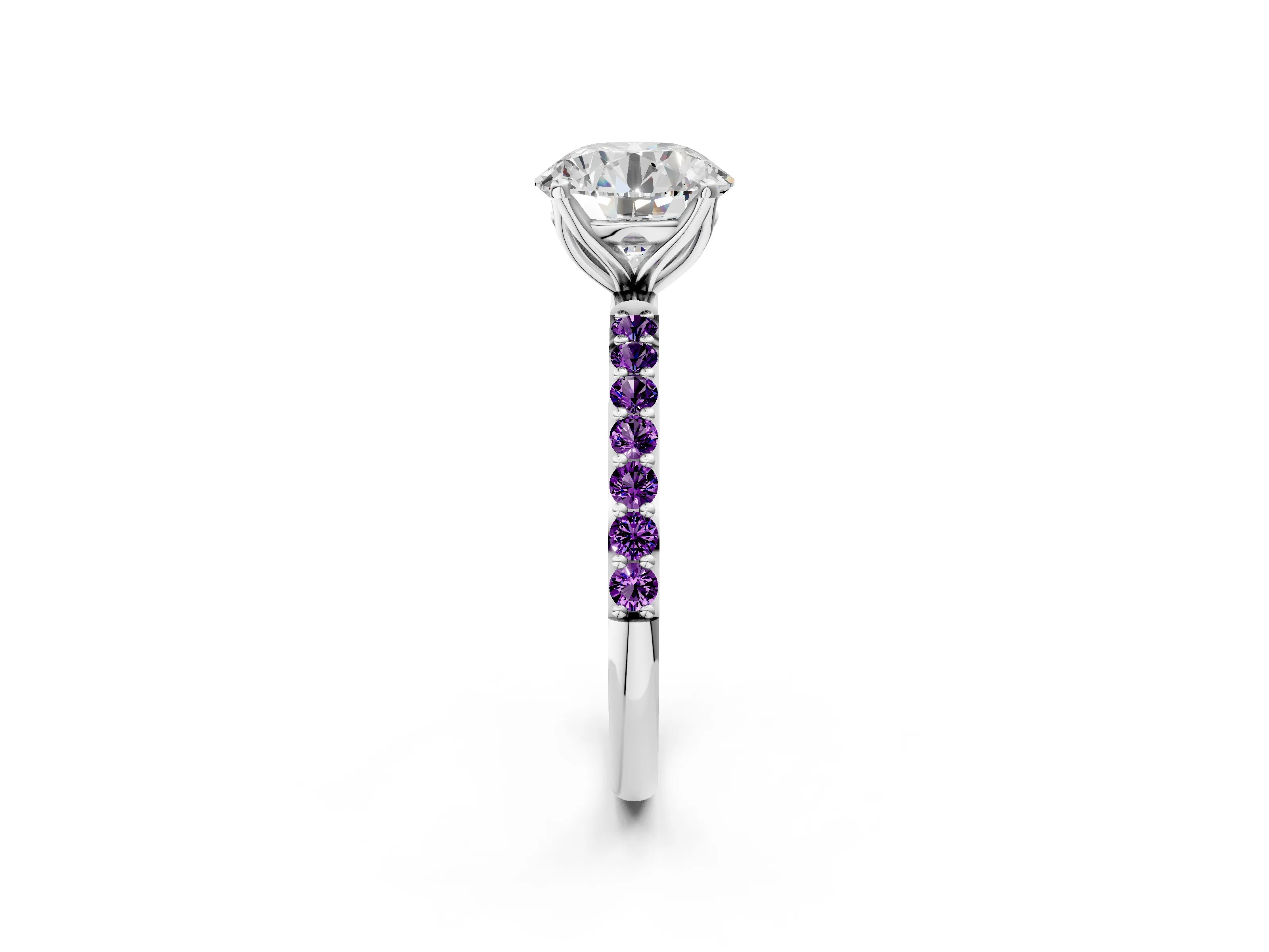 White gold Round Cut Diamond Solitaire Engagement Ring with Round with Amethyst side stone Pavé Band and Prong Setting_110