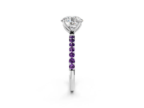 White gold Round Cut Diamond Solitaire Engagement Ring with Round with Amethyst side stone Pavé Band and Prong Setting_110