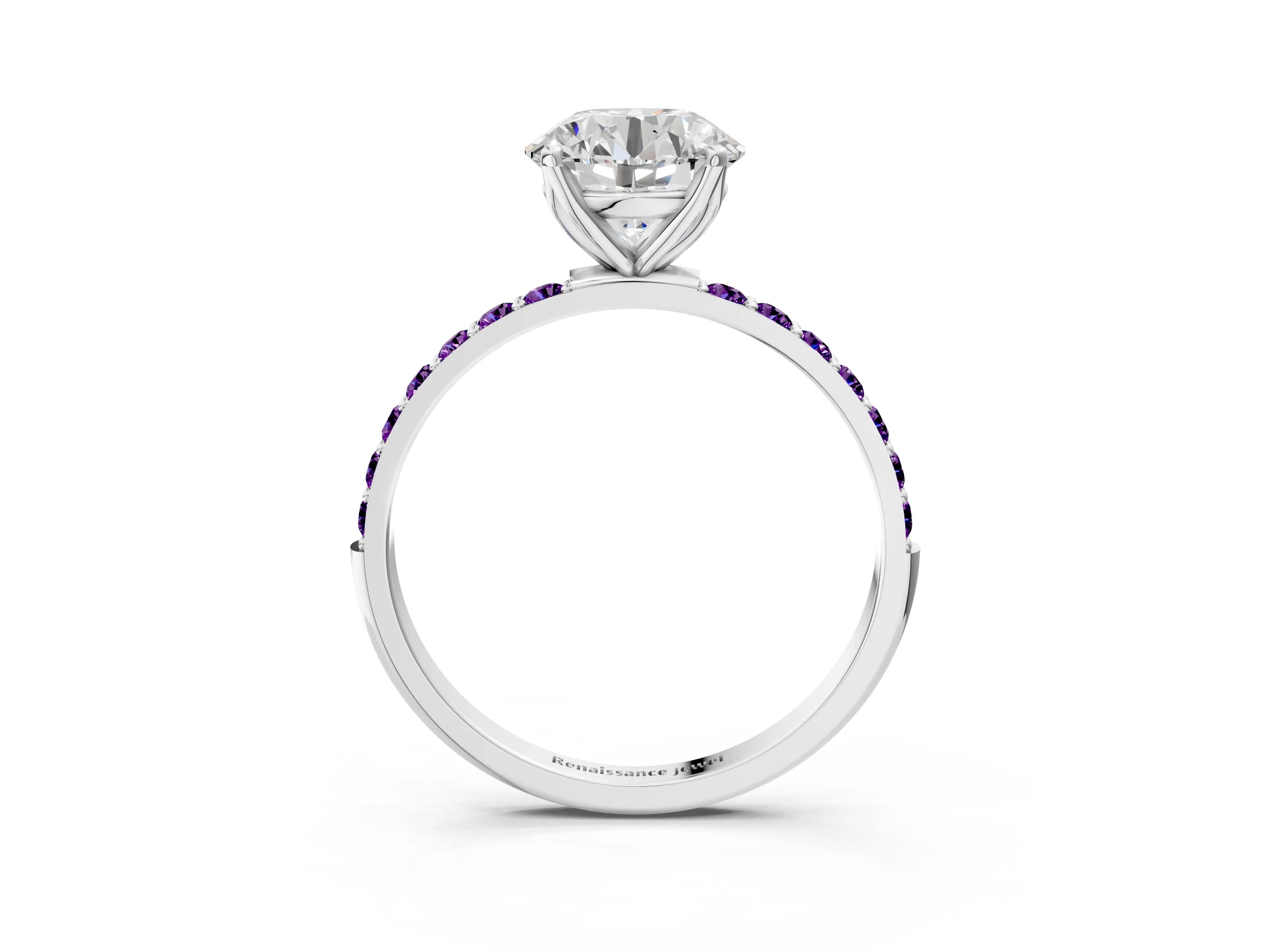 White gold Round Cut Diamond Solitaire Engagement Ring with Round with Amethyst side stone Pavé Band and Prong Setting_111