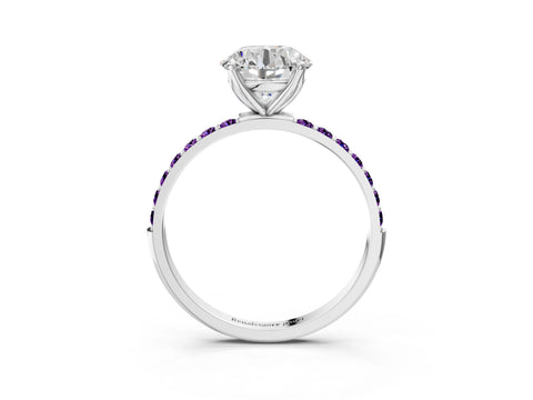 White gold Round Cut Diamond Solitaire Engagement Ring with Round with Amethyst side stone Pavé Band and Prong Setting_111