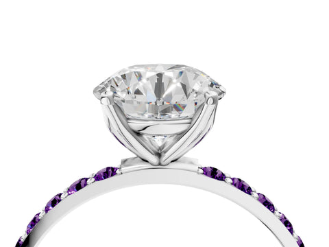 White gold Round Cut Diamond Solitaire Engagement Ring with Round with Amethyst side stone Pavé Band and Prong Setting_112