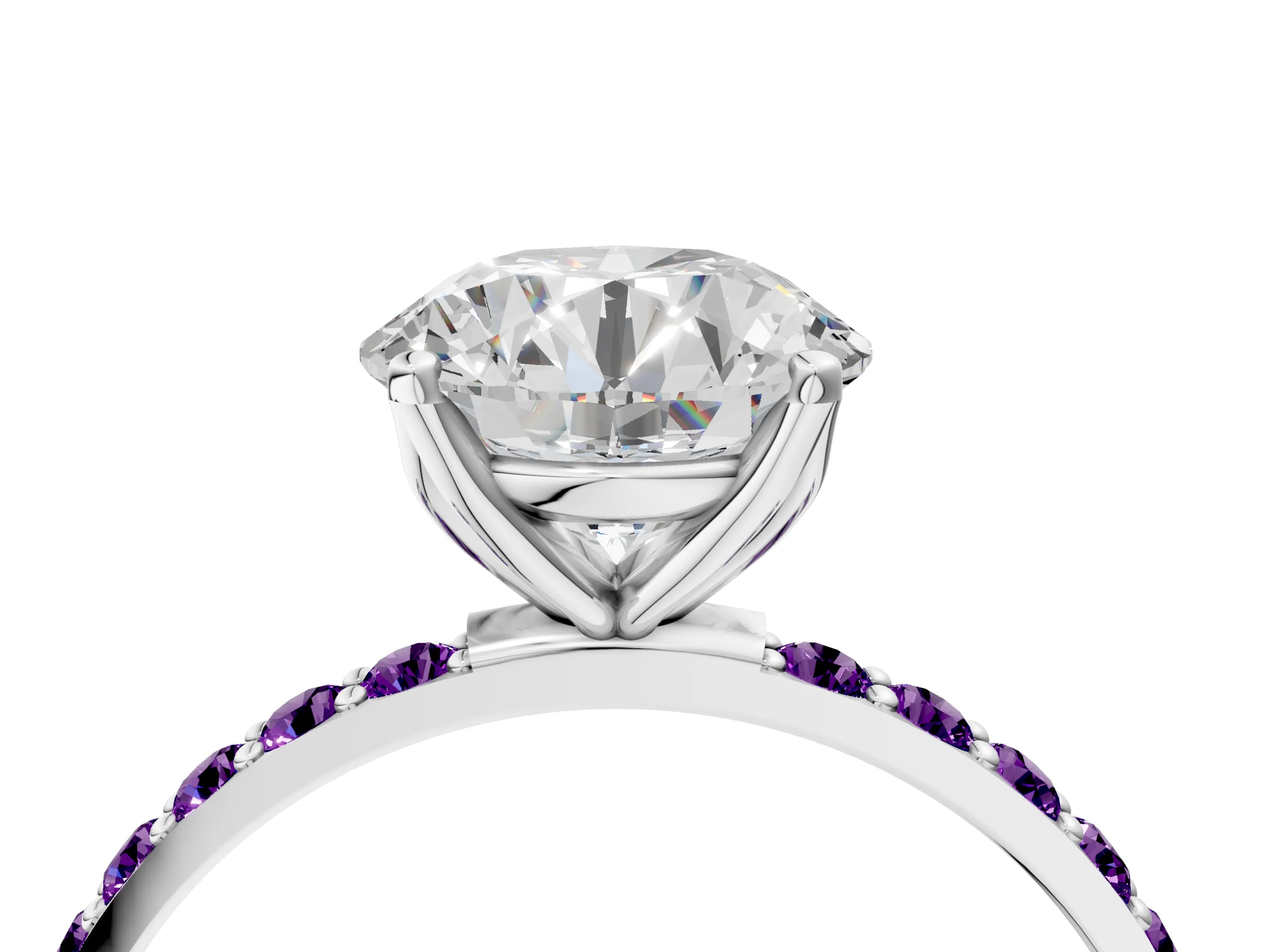 White gold Round Cut Diamond Solitaire Engagement Ring with Round with Amethyst side stone Pavé Band and Prong Setting_112