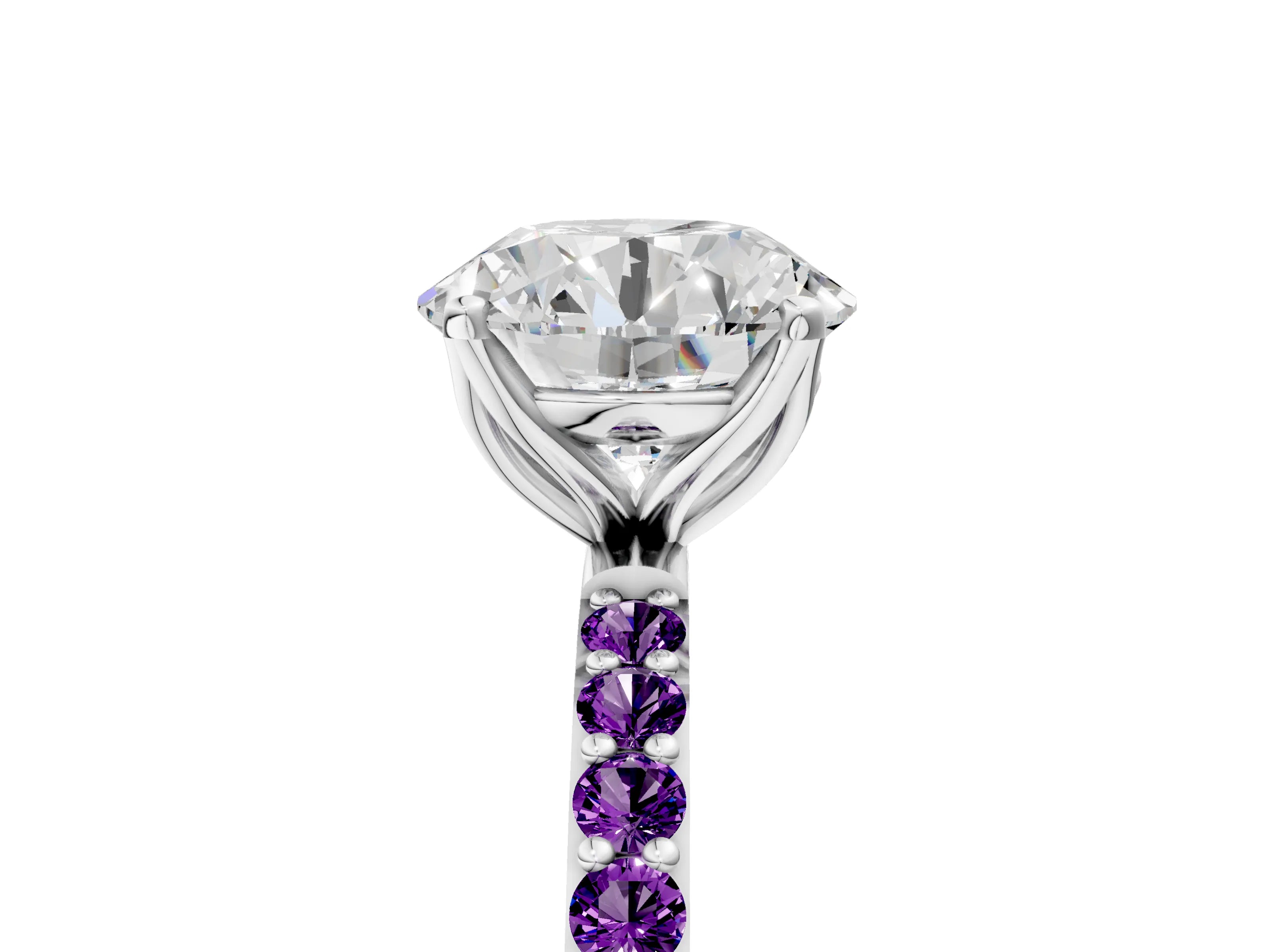 White gold Round Cut Diamond Solitaire Engagement Ring with Round with Amethyst side stone Pavé Band and Prong Setting_113