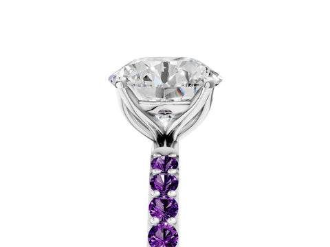 White gold Round Cut Diamond Solitaire Engagement Ring with Round with Amethyst side stone Pavé Band and Prong Setting_113