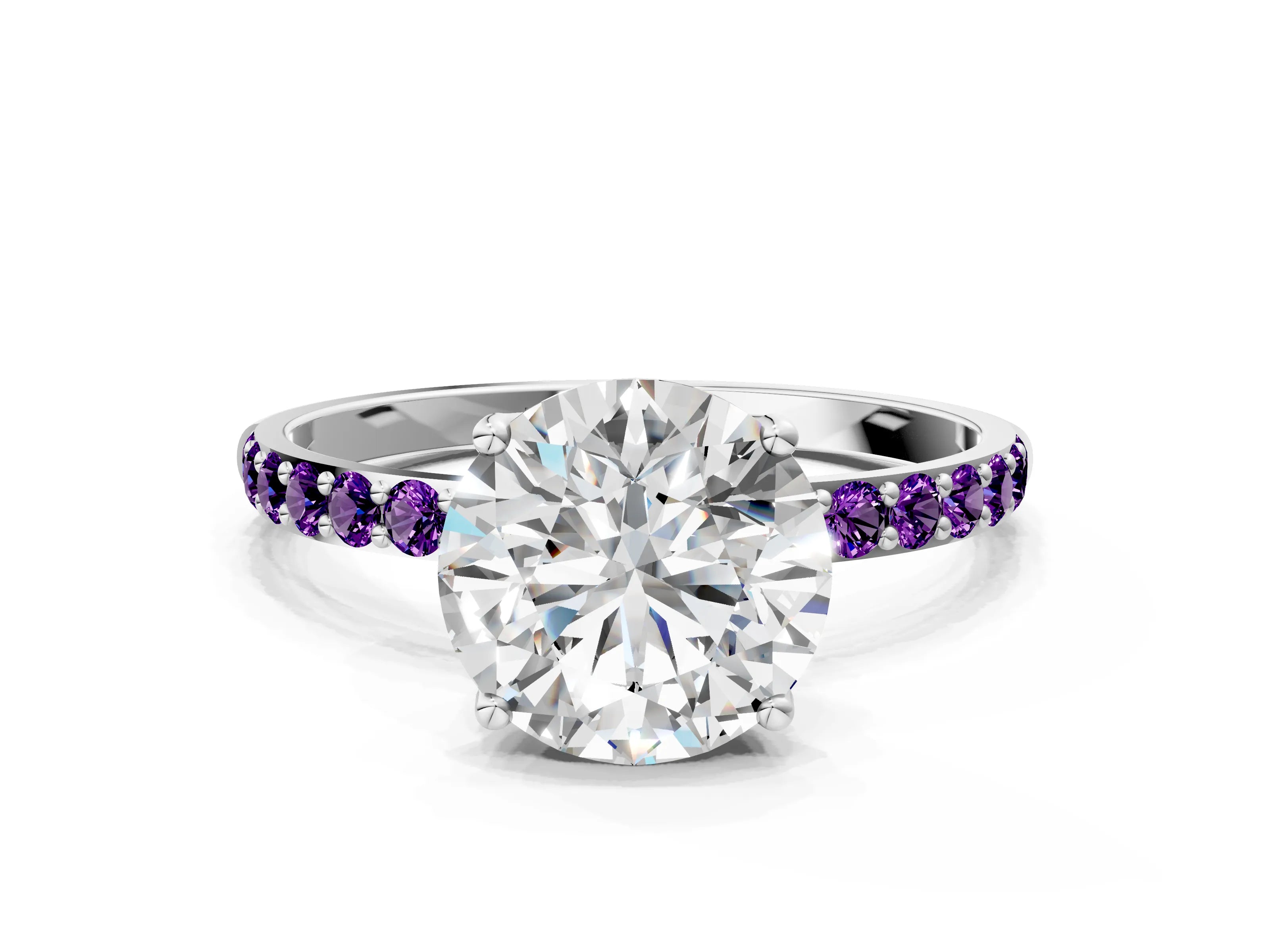 White gold Round Cut Diamond Solitaire Engagement Ring with Round with Amethyst side stone Pavé Band and Prong Setting_12