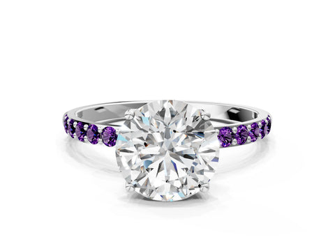 White gold Round Cut Diamond Solitaire Engagement Ring with Round with Amethyst side stone Pavé Band and Prong Setting_12