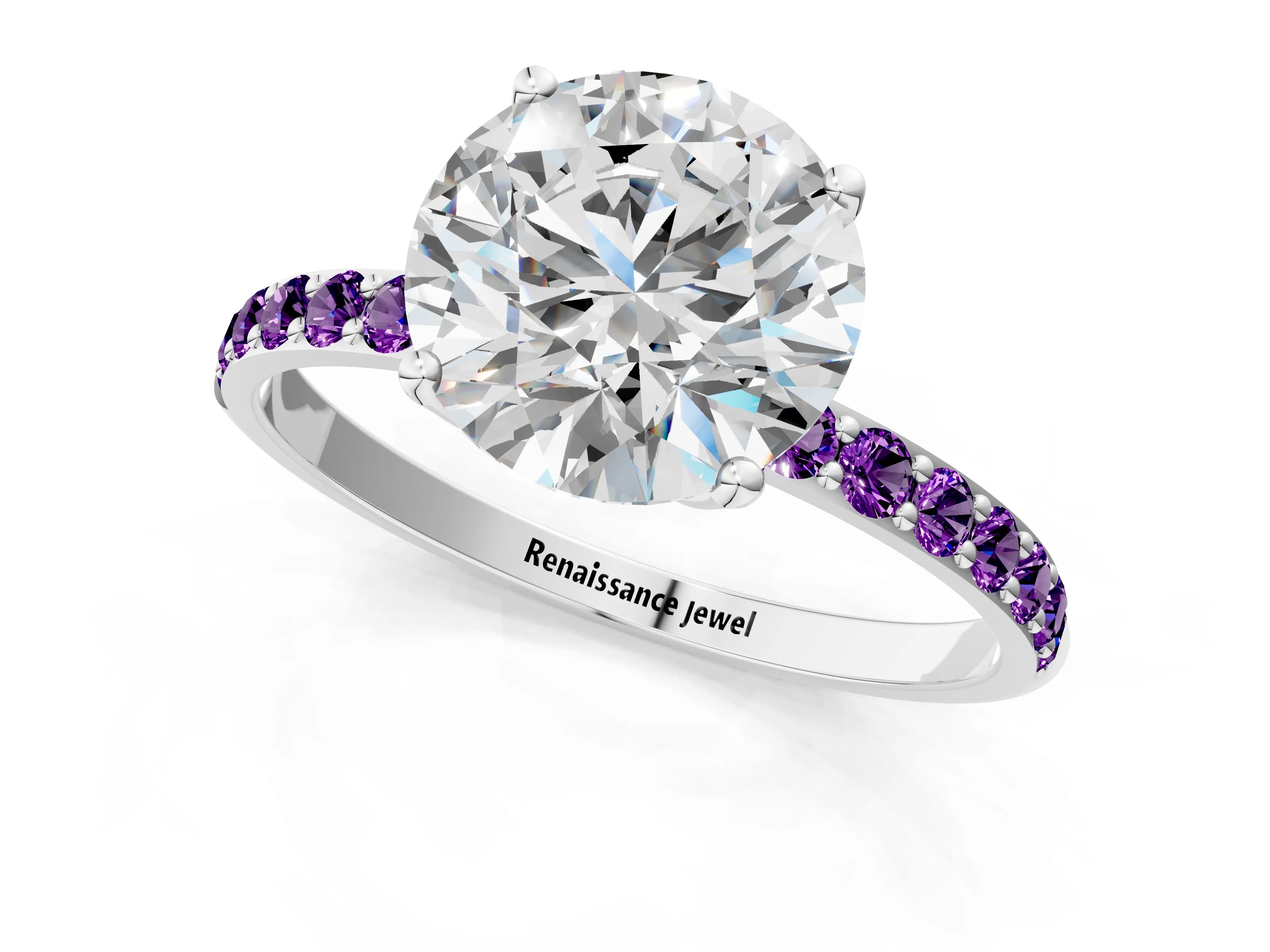 White gold Round Cut Diamond Solitaire Engagement Ring with Round with Amethyst side stone Pavé Band and Prong Setting_13