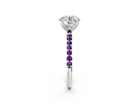White gold Round Cut Diamond Solitaire Engagement Ring with Round with Amethyst side stone Pavé Band and Prong Setting_14