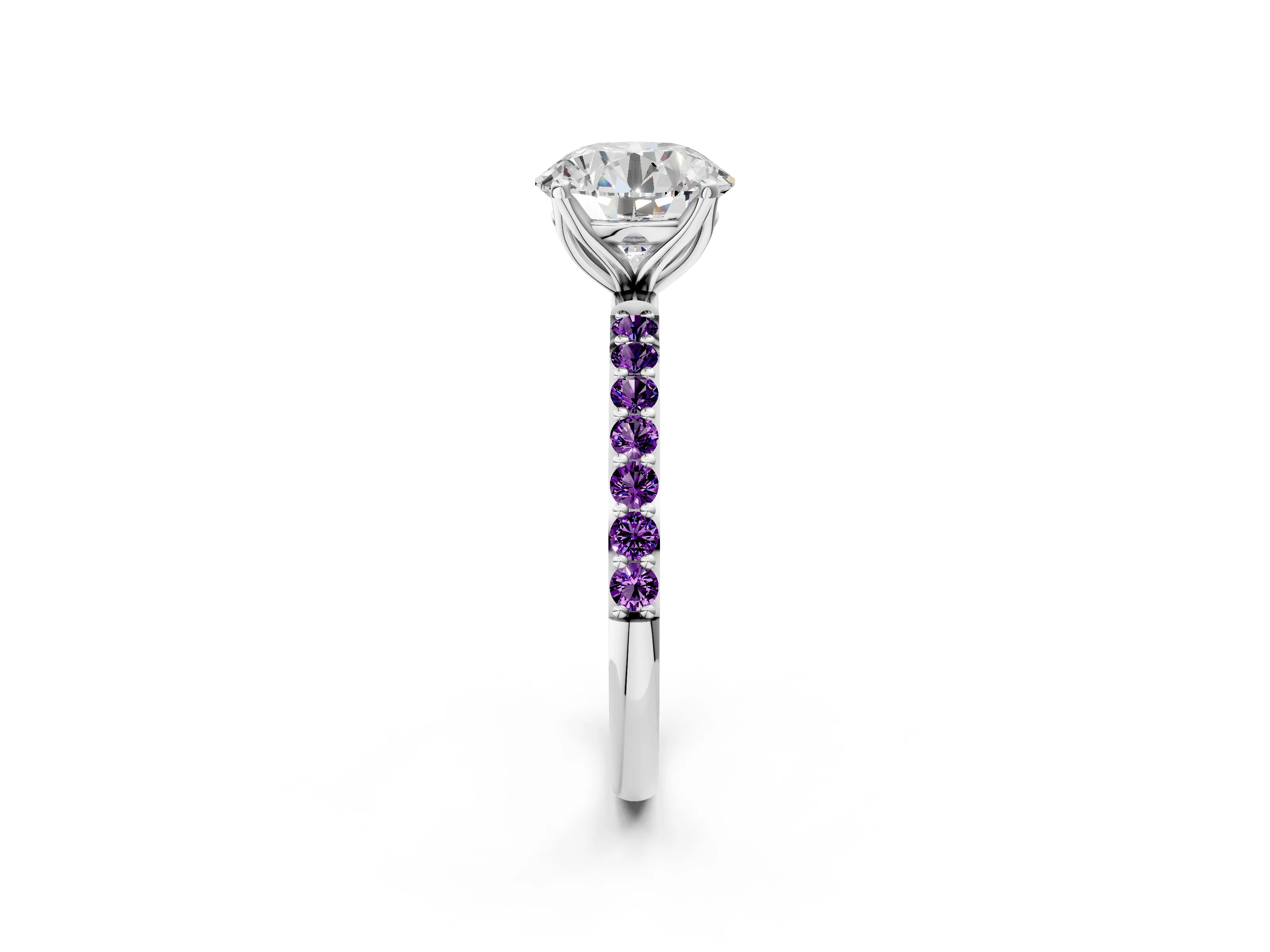White gold Round Cut Diamond Solitaire Engagement Ring with Round with Amethyst side stone Pavé Band and Prong Setting_14