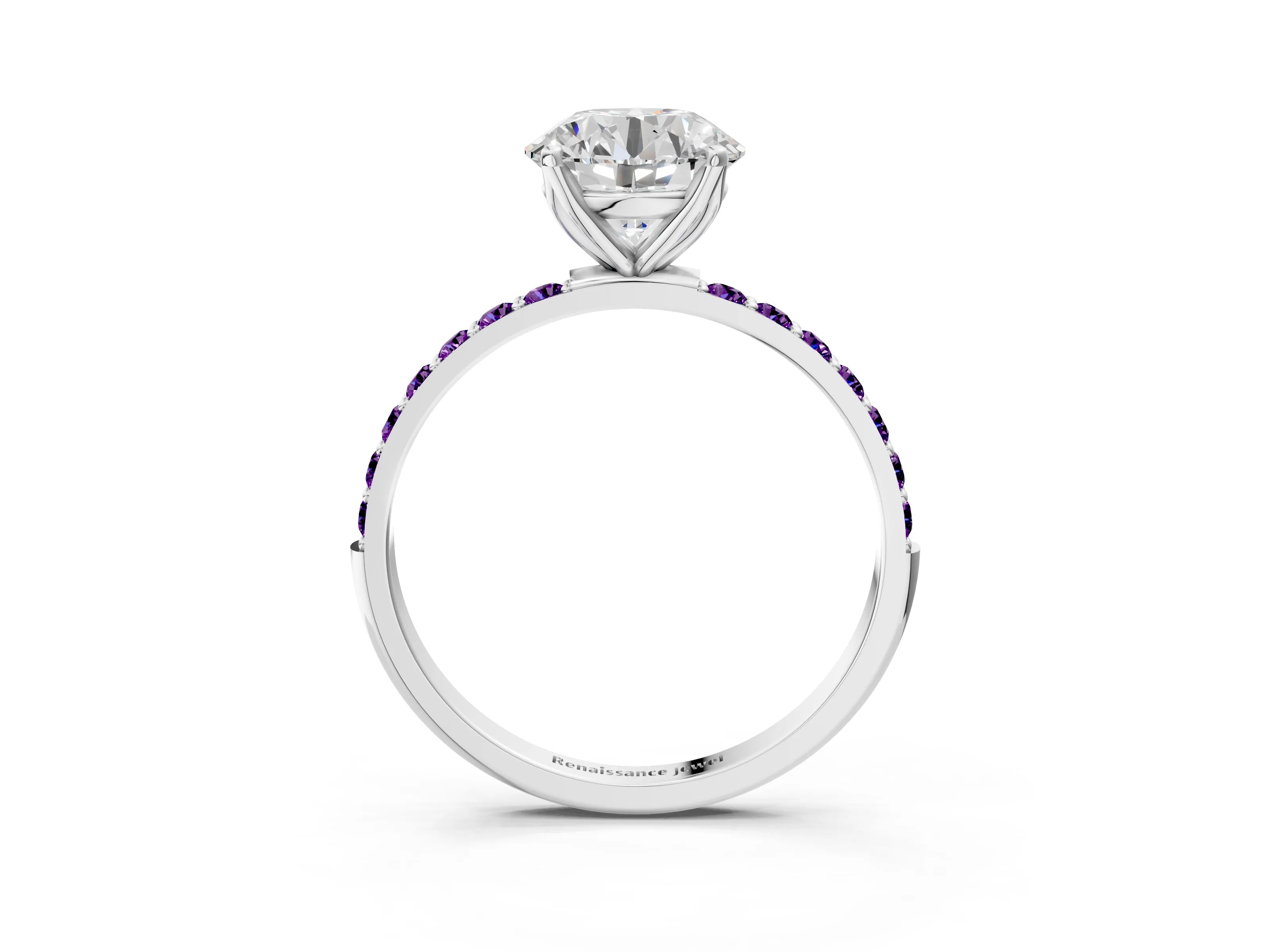 White gold Round Cut Diamond Solitaire Engagement Ring with Round with Amethyst side stone Pavé Band and Prong Setting_15