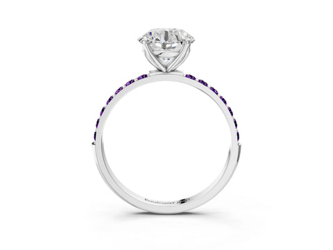 White gold Round Cut Diamond Solitaire Engagement Ring with Round with Amethyst side stone Pavé Band and Prong Setting_15