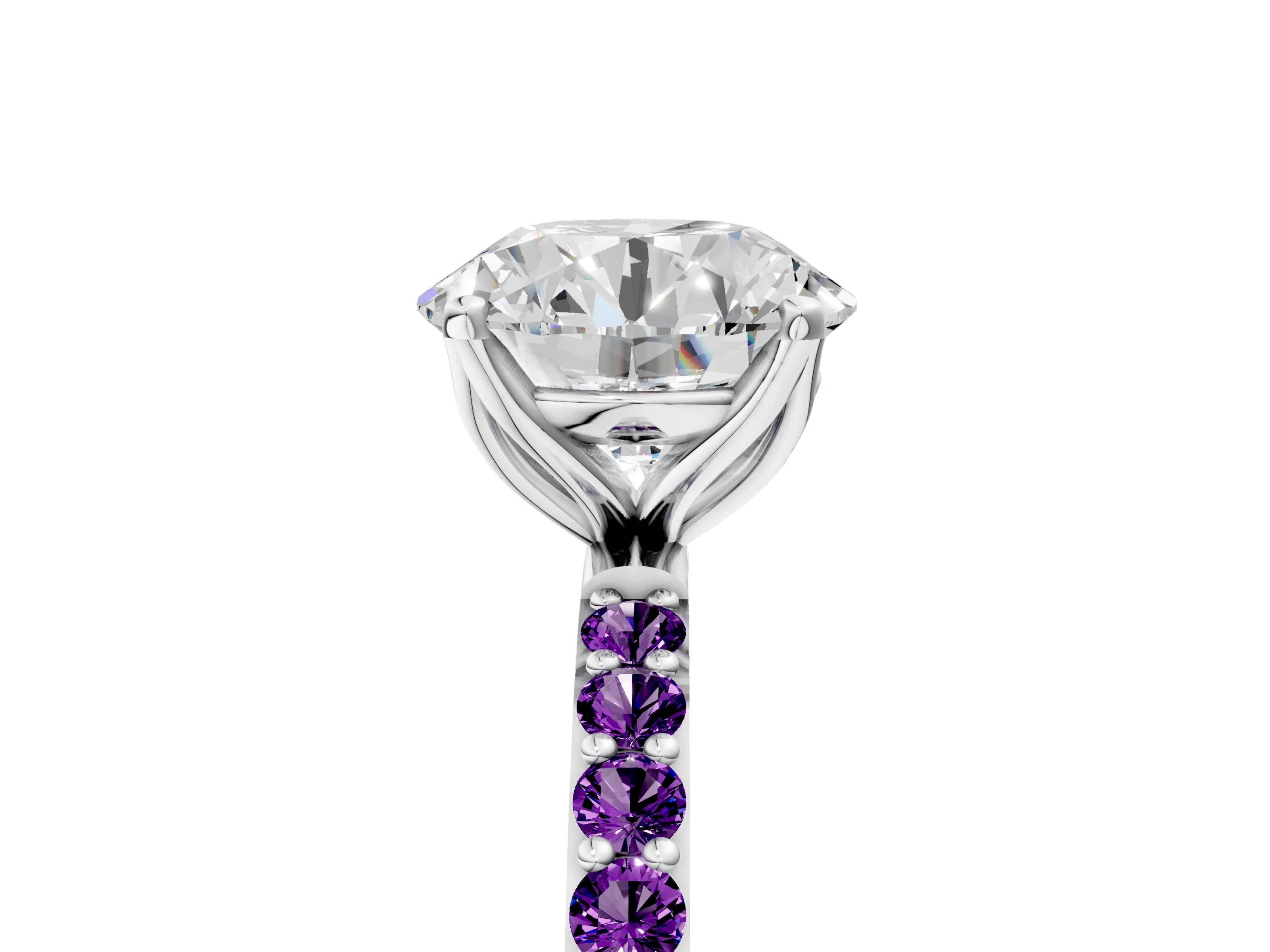 White gold Round Cut Diamond Solitaire Engagement Ring with Round with Amethyst side stone Pavé Band and Prong Setting_17