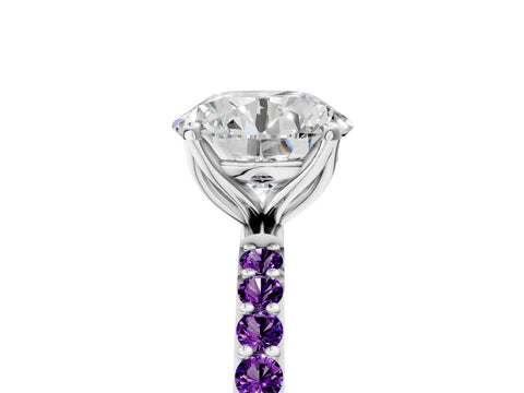 White gold Round Cut Diamond Solitaire Engagement Ring with Round with Amethyst side stone Pavé Band and Prong Setting_17