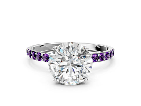 White gold Round Cut Diamond Solitaire Engagement Ring with Round with Amethyst side stone Pavé Band and Prong Setting_36