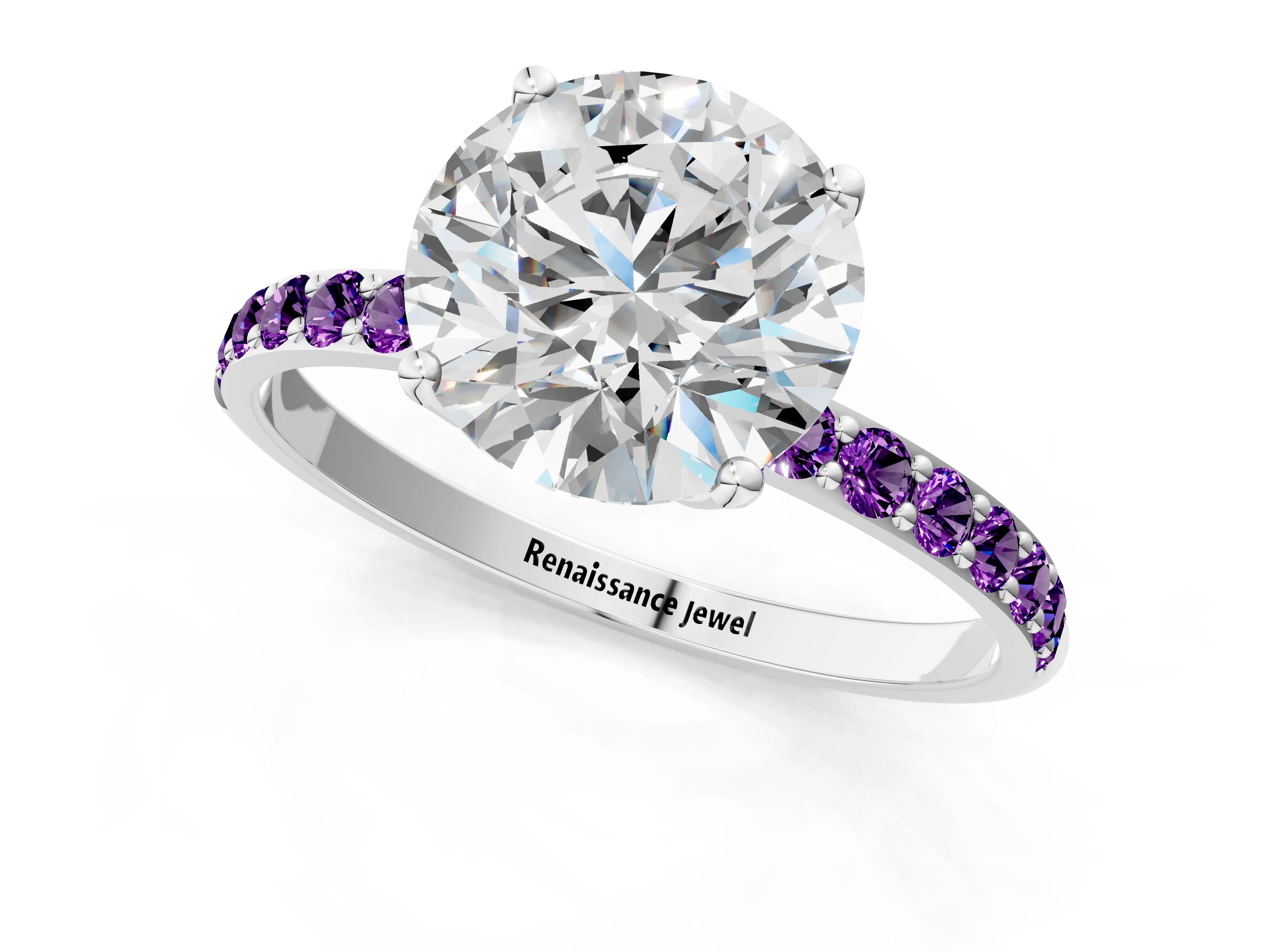White gold Round Cut Diamond Solitaire Engagement Ring with Round with Amethyst side stone Pavé Band and Prong Setting_37