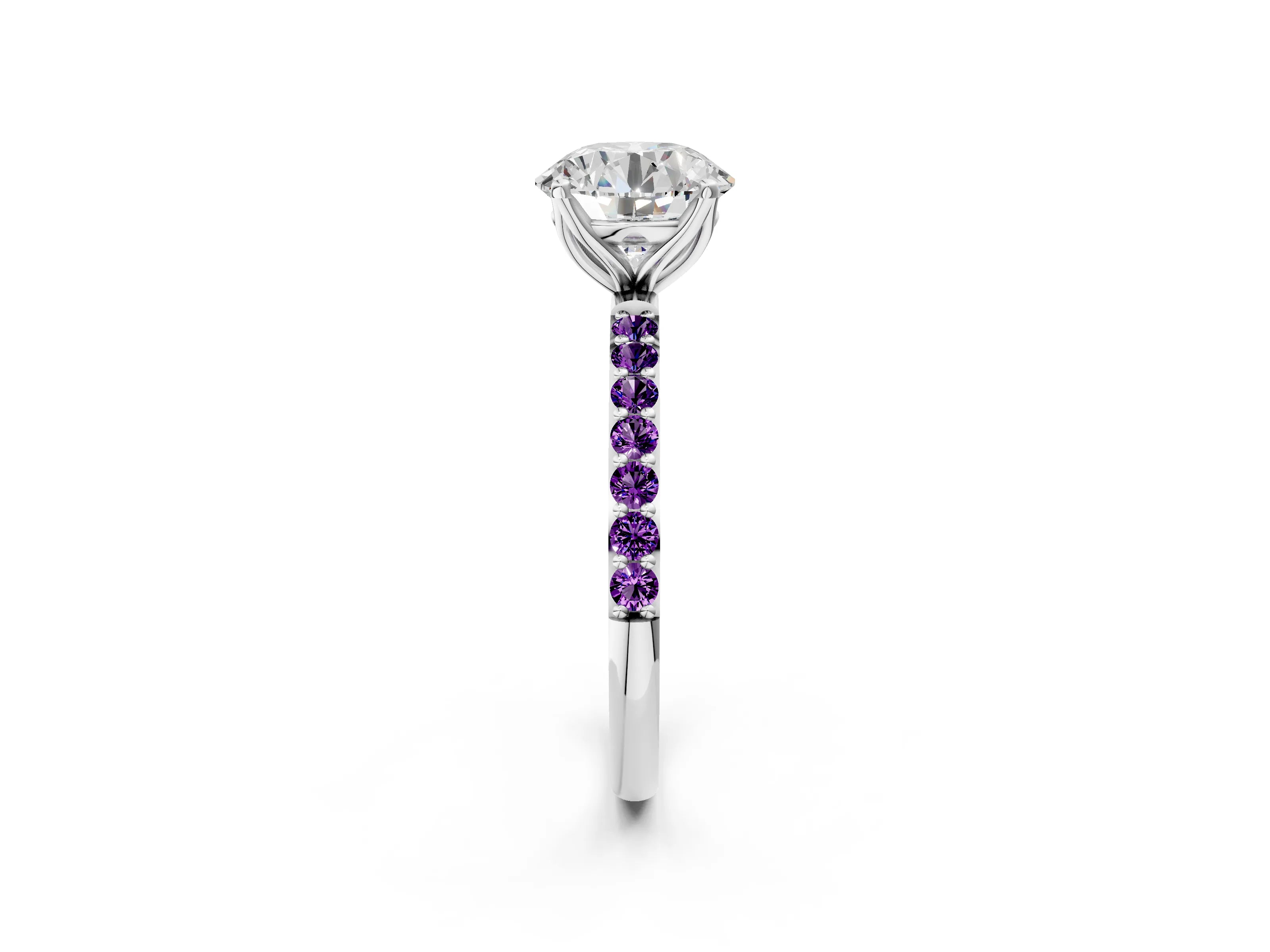 White gold Round Cut Diamond Solitaire Engagement Ring with Round with Amethyst side stone Pavé Band and Prong Setting_38