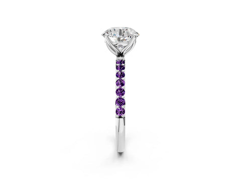 White gold Round Cut Diamond Solitaire Engagement Ring with Round with Amethyst side stone Pavé Band and Prong Setting_38