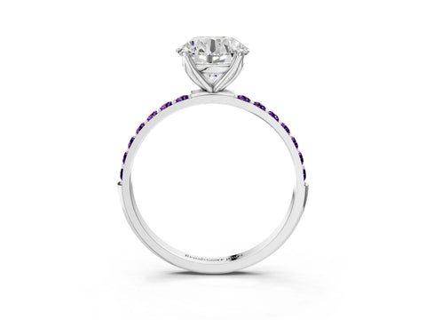 White gold Round Cut Diamond Solitaire Engagement Ring with Round with Amethyst side stone Pavé Band and Prong Setting_39