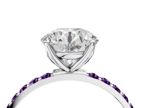 White gold Round Cut Diamond Solitaire Engagement Ring with Round with Amethyst side stone Pavé Band and Prong Setting_40