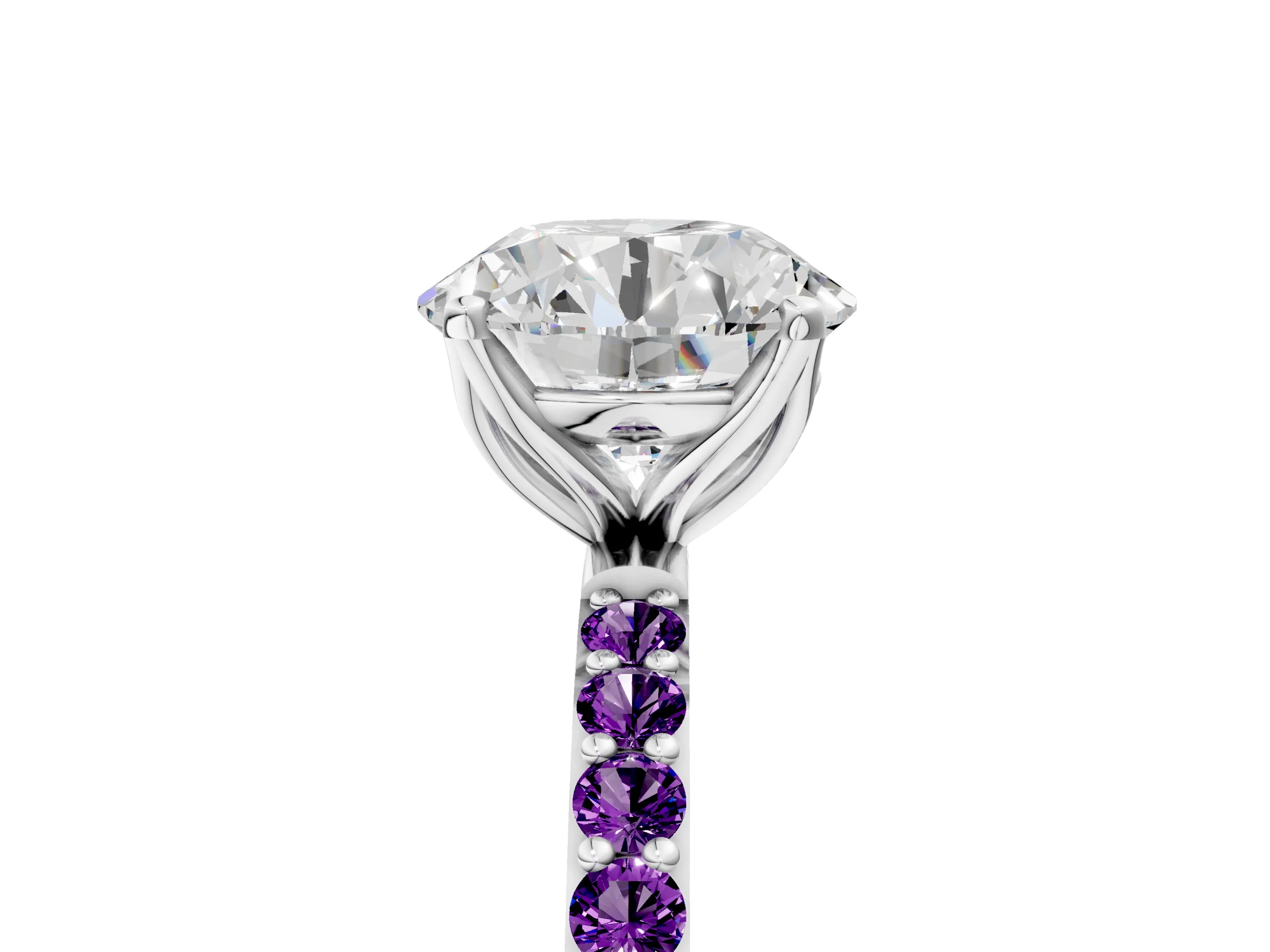 White gold Round Cut Diamond Solitaire Engagement Ring with Round with Amethyst side stone Pavé Band and Prong Setting_41