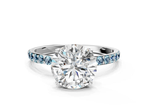 White gold Round Cut Diamond Solitaire Engagement Ring with Round with Aquamarine side stone Pavé Band and Prong Setting_12