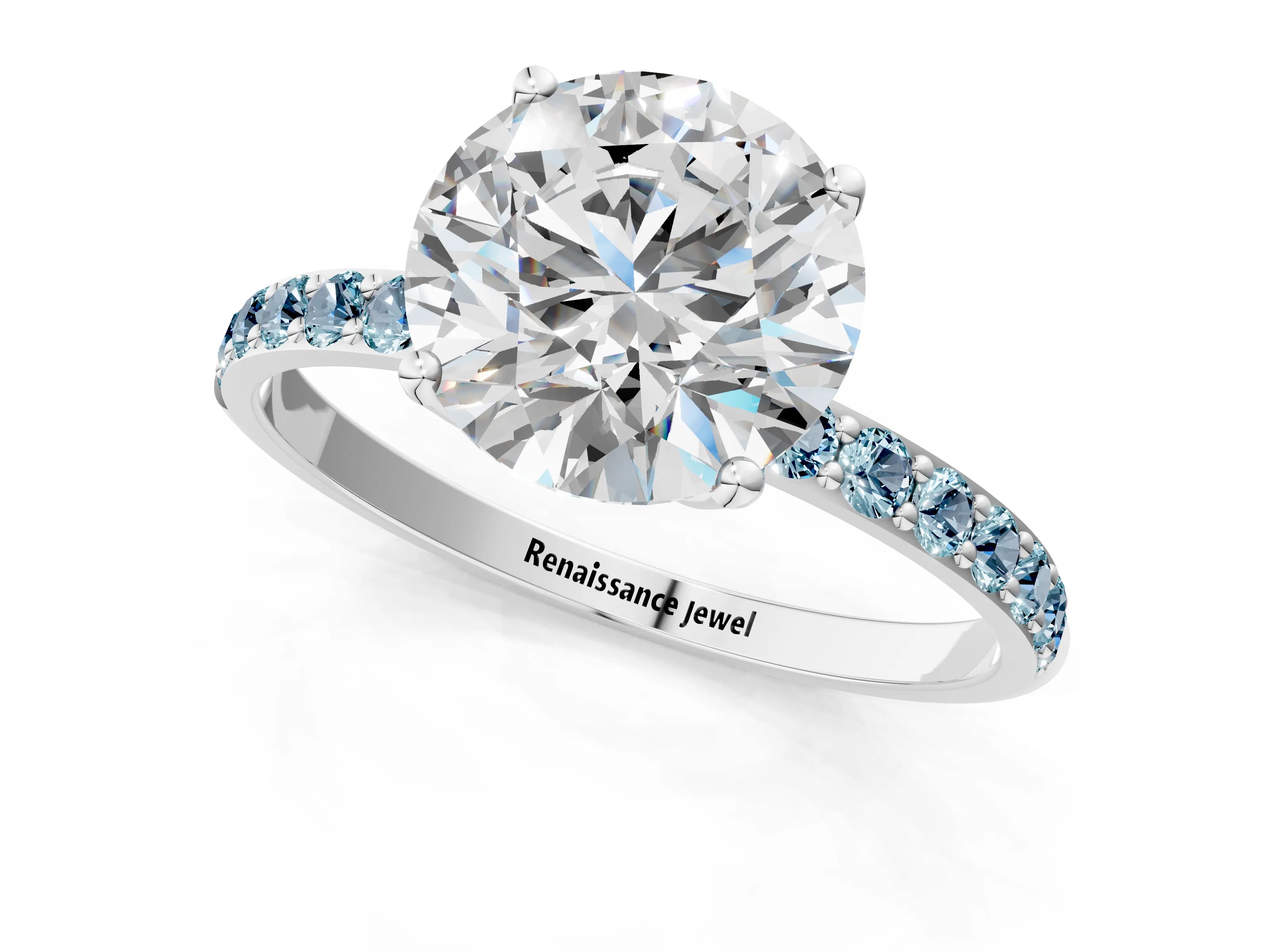 White gold Round Cut Diamond Solitaire Engagement Ring with Round with Aquamarine side stone Pavé Band and Prong Setting_13