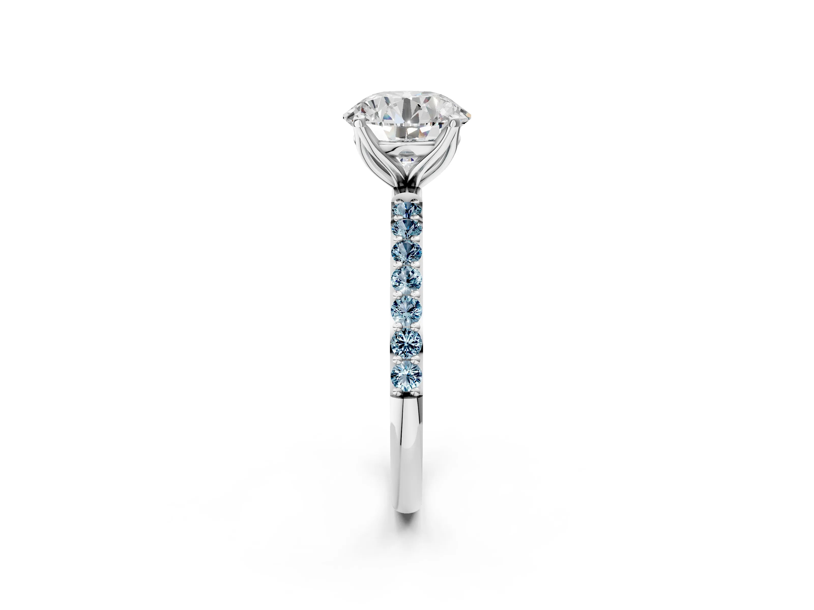 White gold Round Cut Diamond Solitaire Engagement Ring with Round with Aquamarine side stone Pavé Band and Prong Setting_14