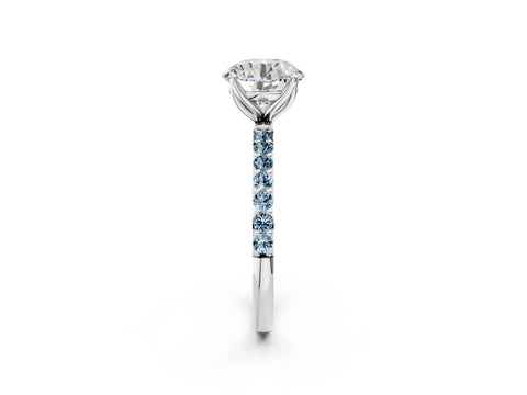White gold Round Cut Diamond Solitaire Engagement Ring with Round with Aquamarine side stone Pavé Band and Prong Setting_14