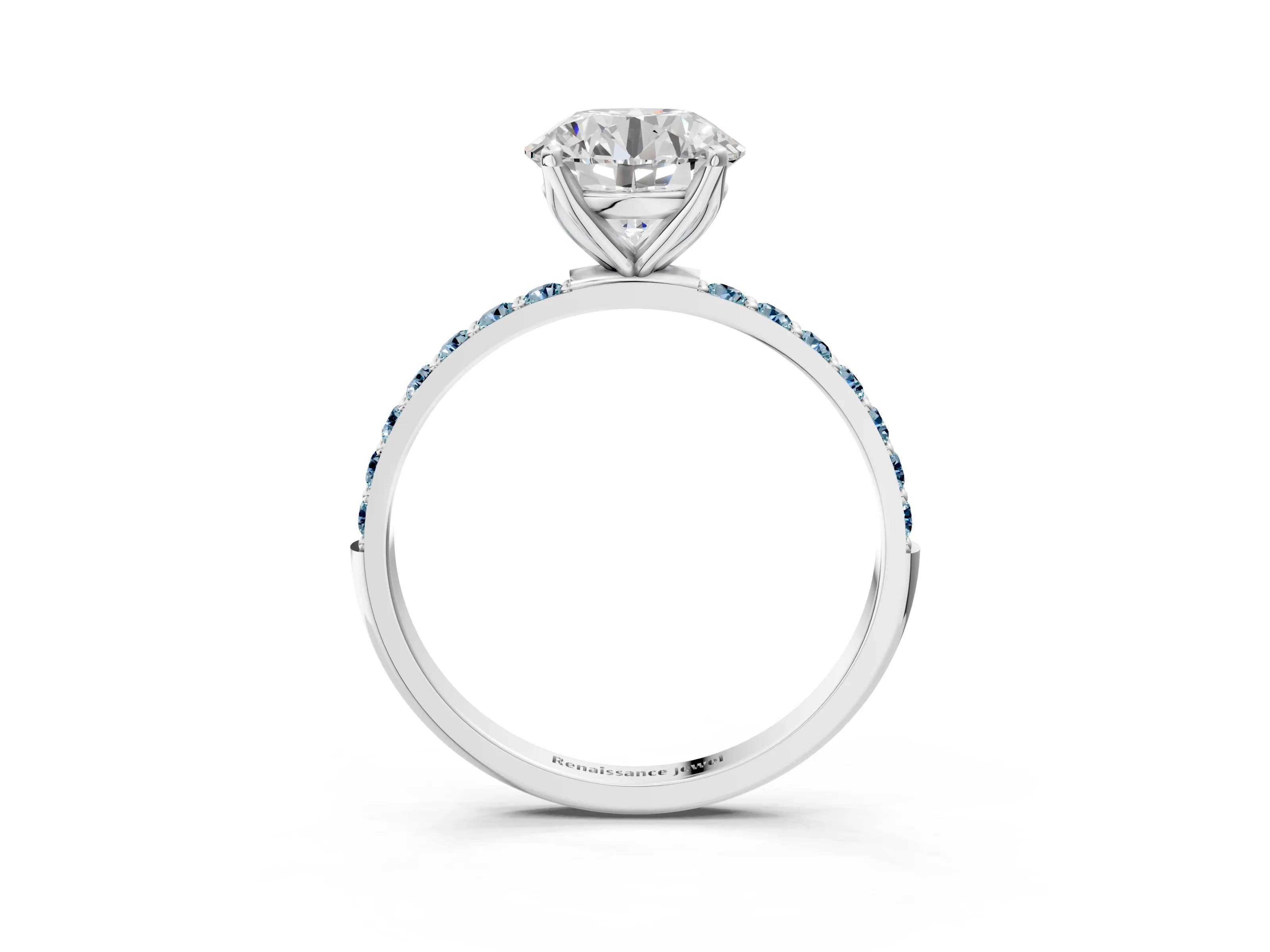 White gold Round Cut Diamond Solitaire Engagement Ring with Round with Aquamarine side stone Pavé Band and Prong Setting_15