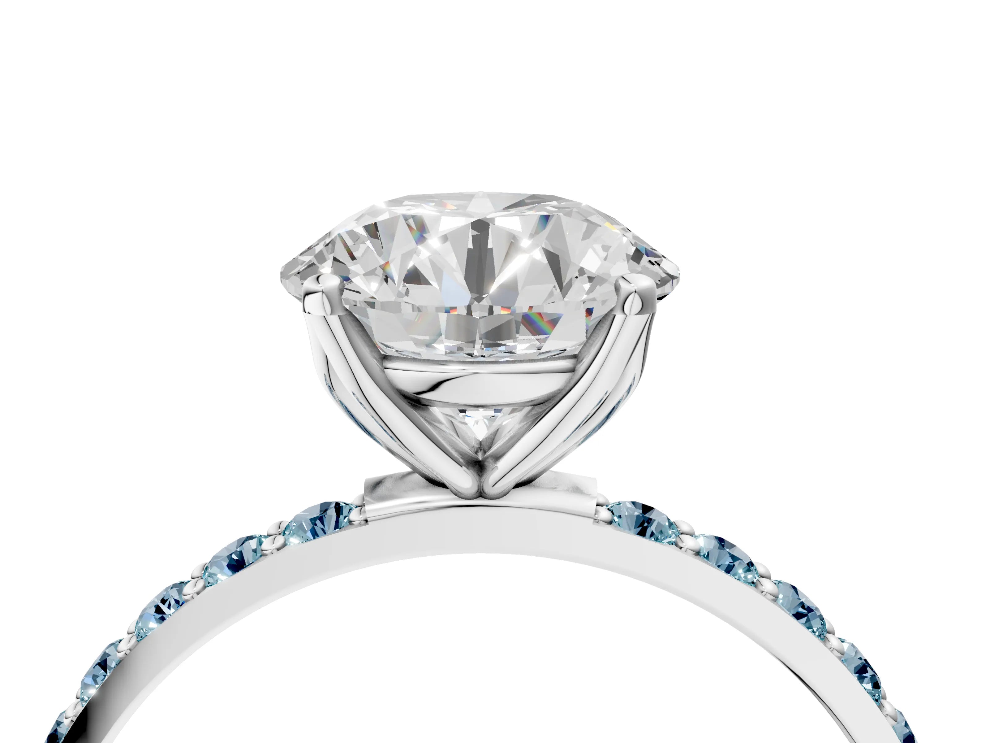 White gold Round Cut Diamond Solitaire Engagement Ring with Round with Aquamarine side stone Pavé Band and Prong Setting_16