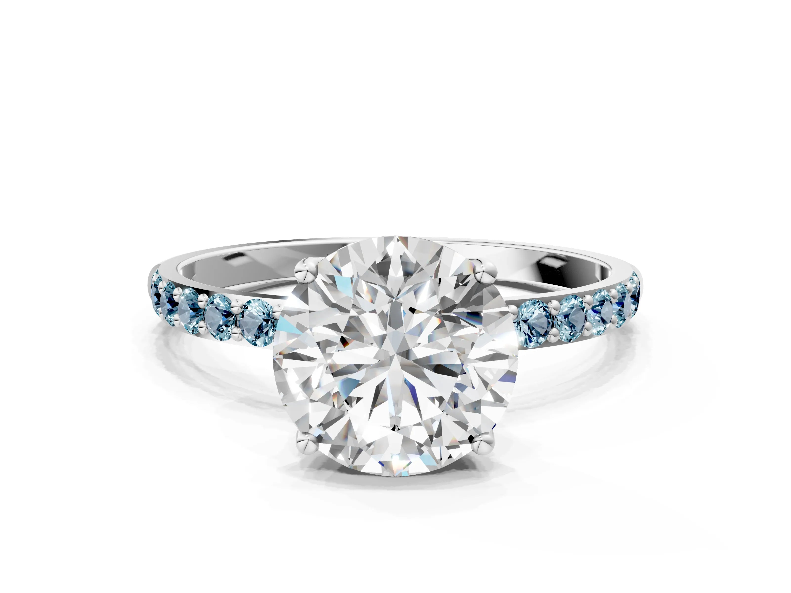 White gold Round Cut Diamond Solitaire Engagement Ring with Round with Aquamarine side stone Pavé Band and Prong Setting_24
