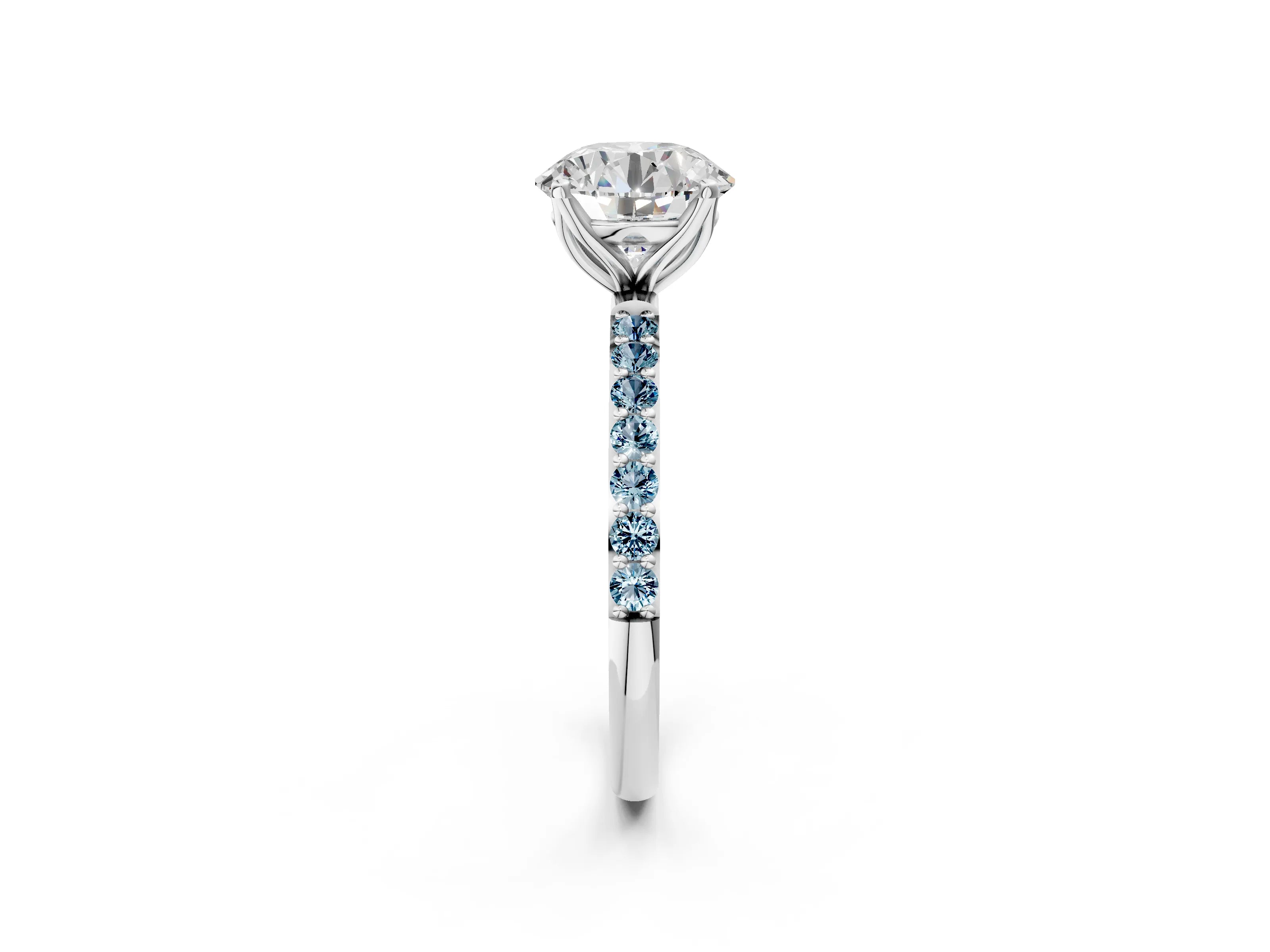 White gold Round Cut Diamond Solitaire Engagement Ring with Round with Aquamarine side stone Pavé Band and Prong Setting_26