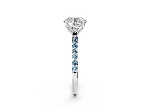 White gold Round Cut Diamond Solitaire Engagement Ring with Round with Aquamarine side stone Pavé Band and Prong Setting_26