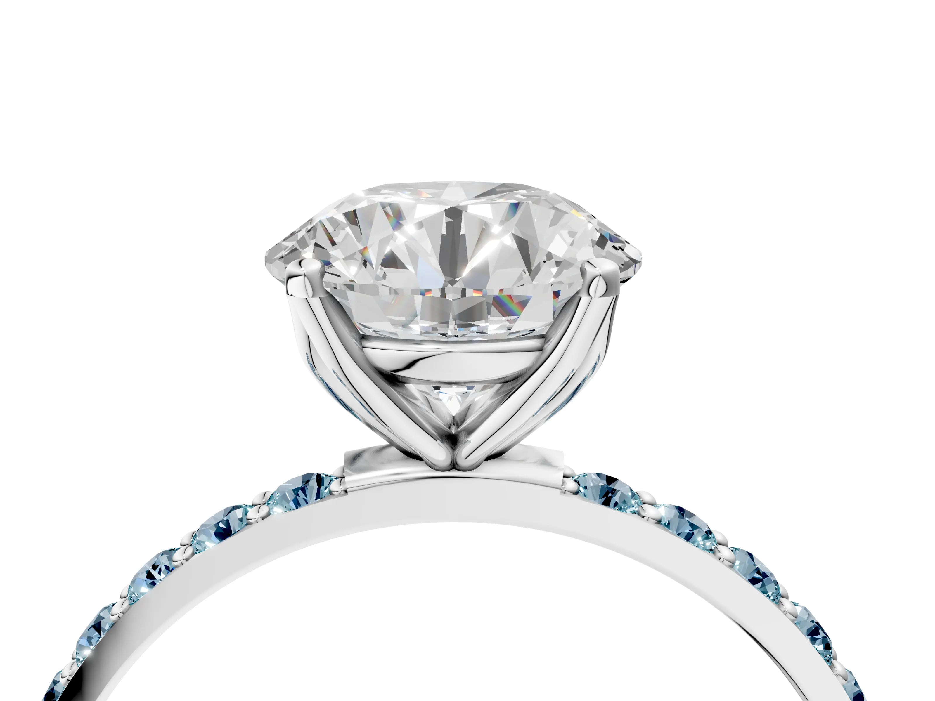 White gold Round Cut Diamond Solitaire Engagement Ring with Round with Aquamarine side stone Pavé Band and Prong Setting_28