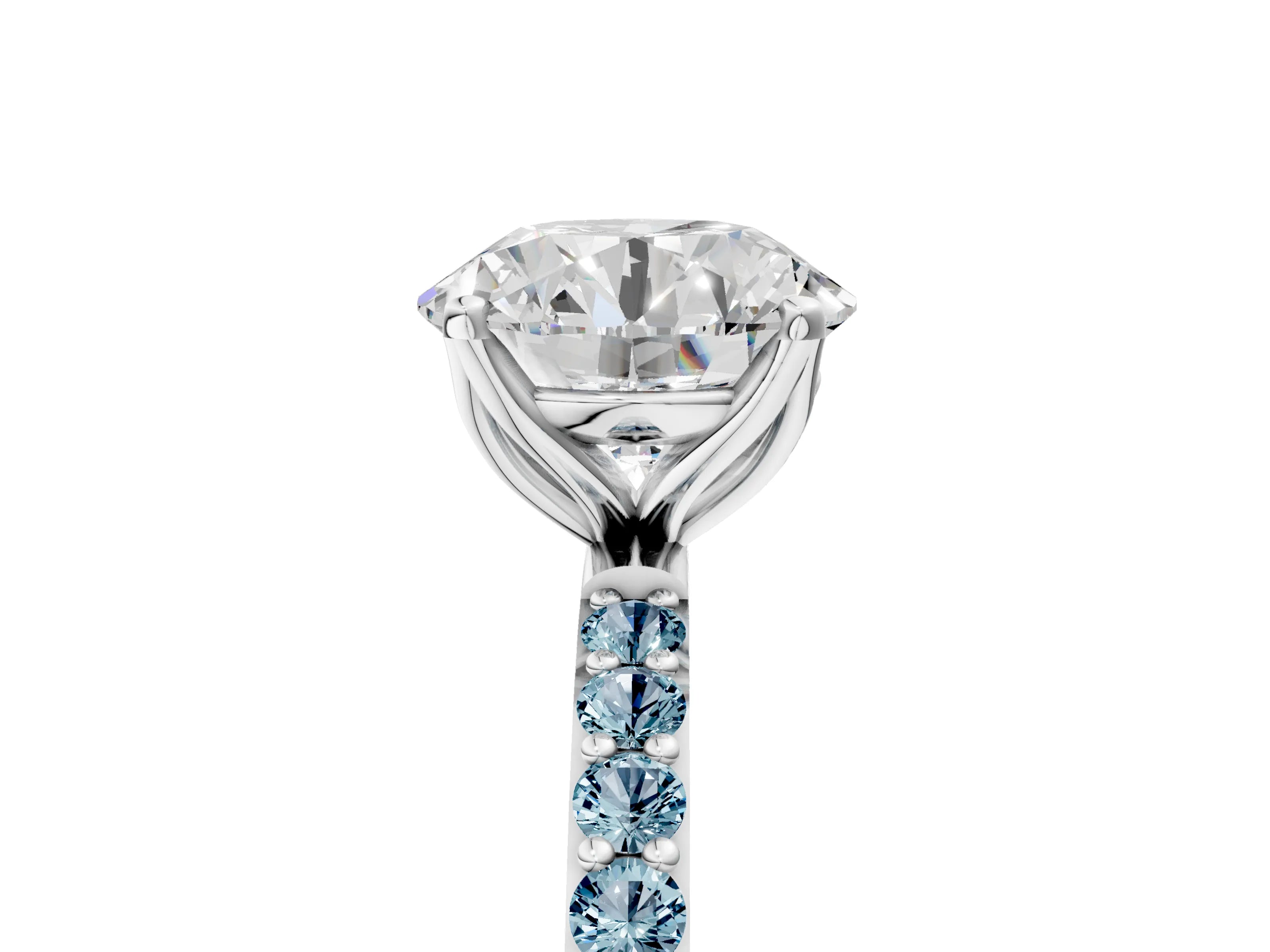 White gold Round Cut Diamond Solitaire Engagement Ring with Round with Aquamarine side stone Pavé Band and Prong Setting_29