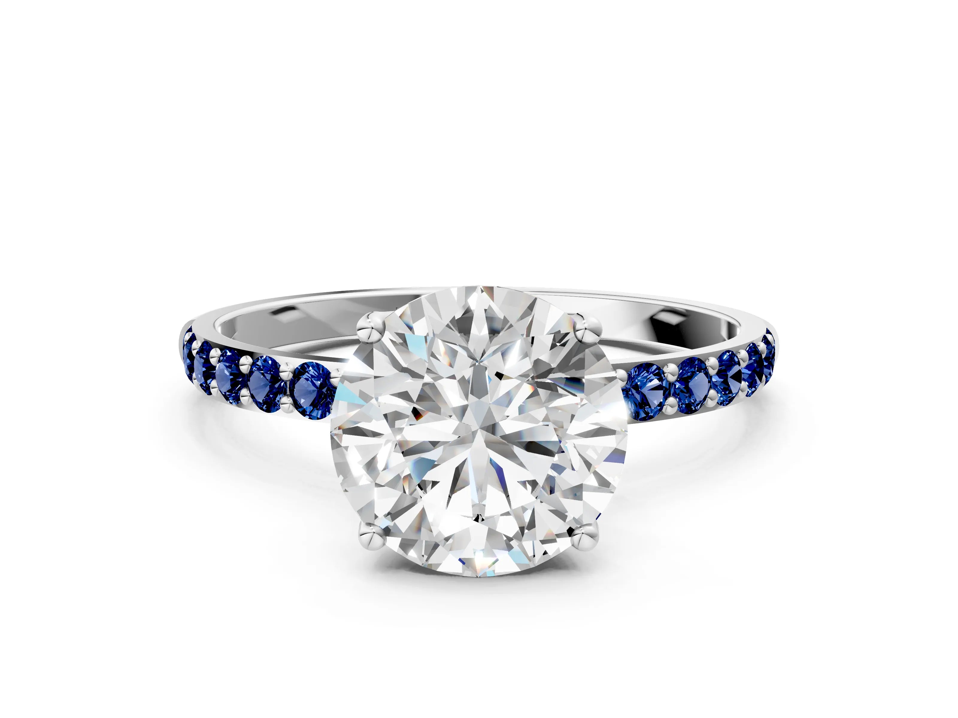 White gold Round Cut Diamond Solitaire Engagement Ring with Round with Blue Sapphire side stone Pavé Band and Prong Setting_12