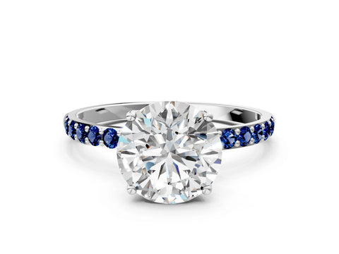 White gold Round Cut Diamond Solitaire Engagement Ring with Round with Blue Sapphire side stone Pavé Band and Prong Setting_12